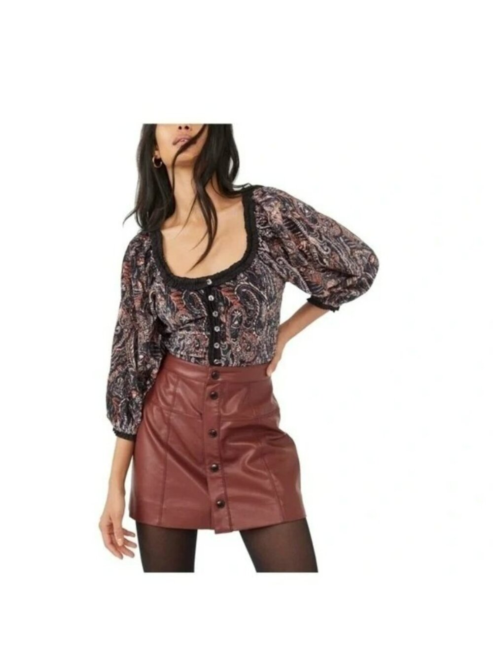 Free People Dare Me Velvet Puff Sleeve Blouse Milkmaid Paisley Blue Orange Boho - Picture 14 of 14